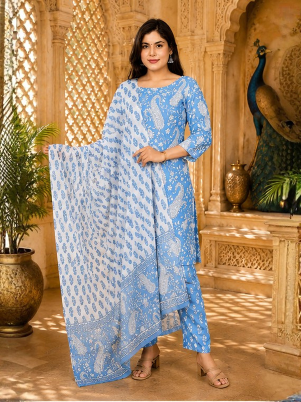 Sky Blue Printed Cotton Rayon Suit Set for Women