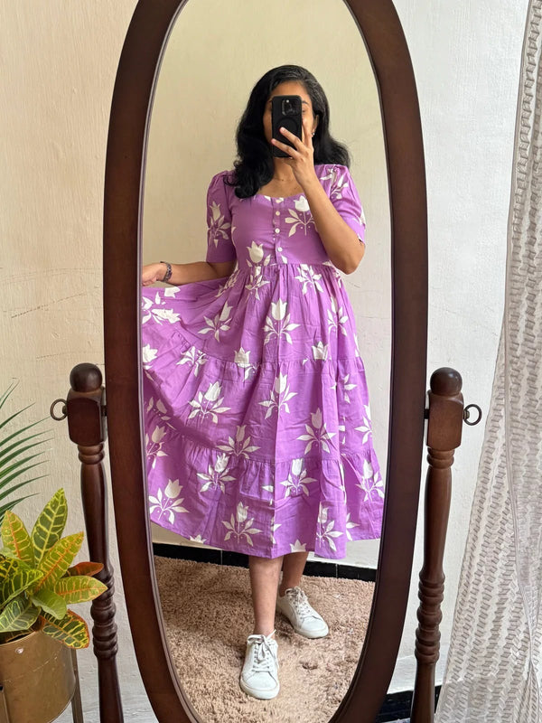Elegant Purple Floral Rayon Dress for Women