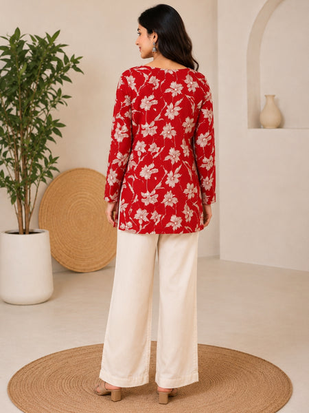 Red Floral Printed Rayon  A-Line Kurti