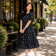 Black Ikat Rayon Dress with Square Neck & Half Sleeves