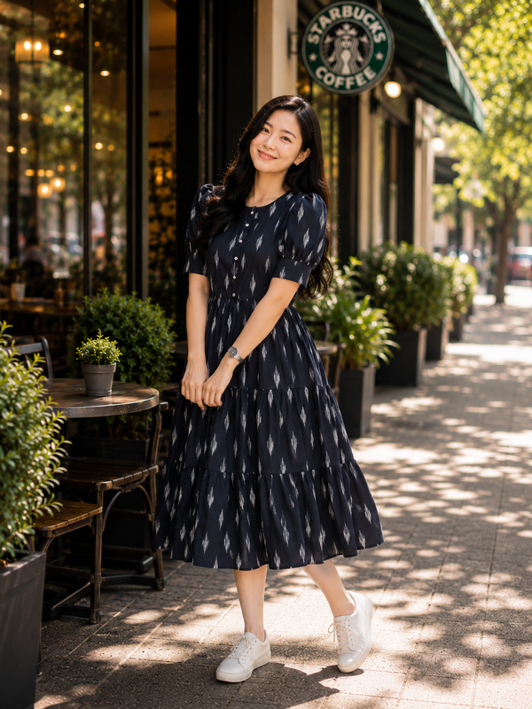 Black Ikat Rayon Dress with Square Neck & Half Sleeves