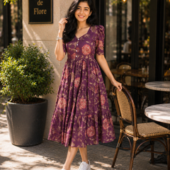 Purple Floral Printed Viscose Rayon Midi Dress for Women