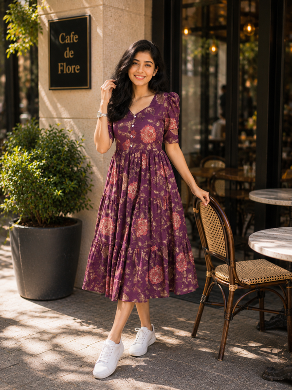 Purple Floral Printed Viscose Rayon Midi Dress for Women