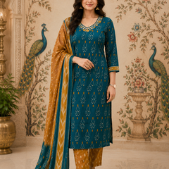 Green Floral Printed Cotton Kurta Pant & Dupatta Suit Set