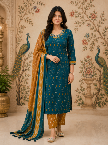 Green Floral Printed Cotton Kurta Pant & Dupatta Suit Set