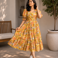Elegant Mustard Floral Rayon Dress for Women