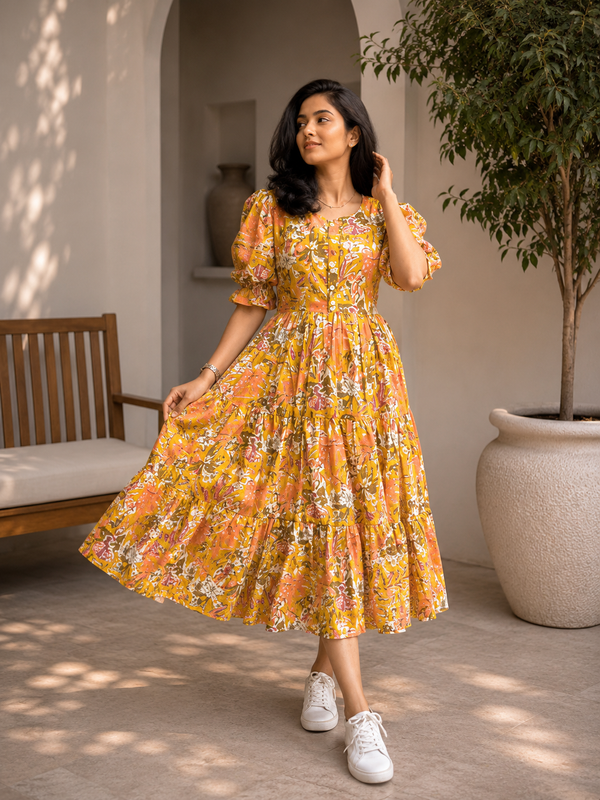Elegant Mustard Floral Rayon Dress for Women