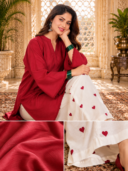 Red Azreen Women Cotton Blend Kurti Palazzo Set