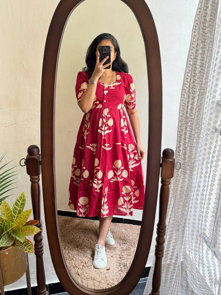 Elegant Red Ethnic Printed Rayon Dress for Women