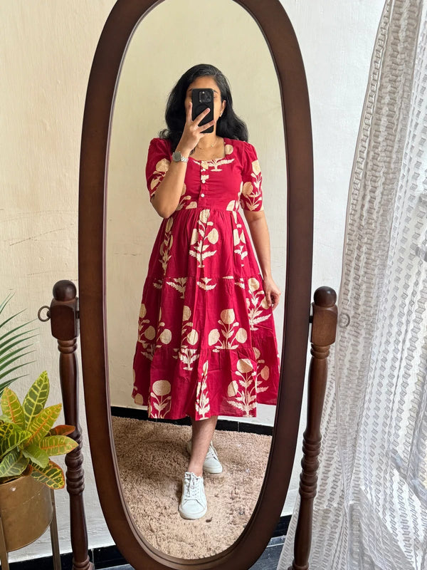 Elegant Red Ethnic Printed Rayon Dress for Women