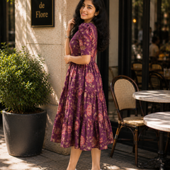 Purple Floral Printed Viscose Rayon Midi Dress for Women