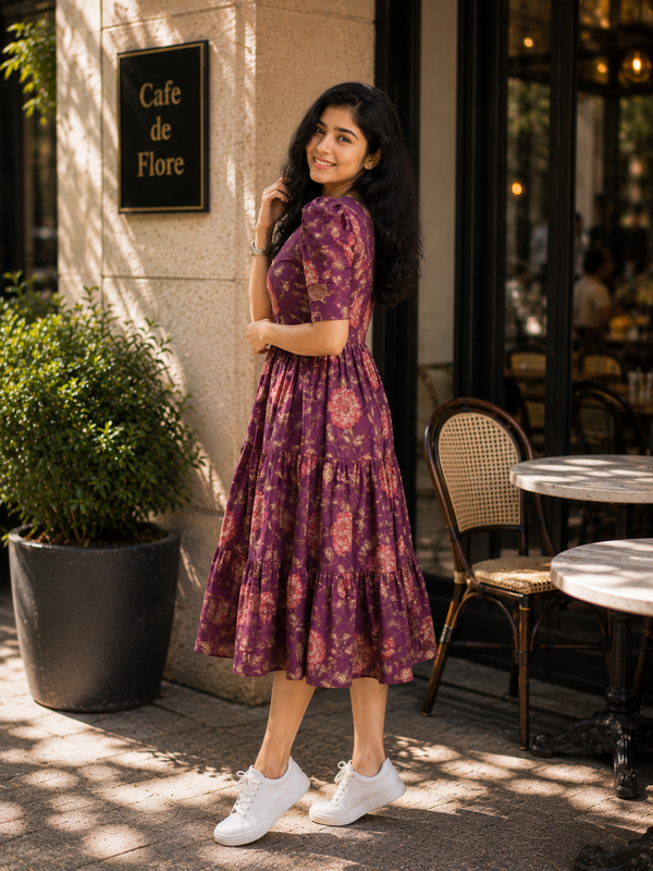 Purple Floral Printed Viscose Rayon Midi Dress for Women