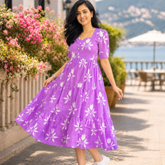 Elegant Purple Floral Rayon Dress for Women