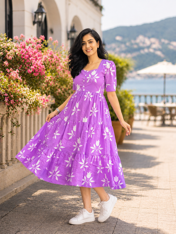 Elegant Purple Floral Rayon Dress for Women