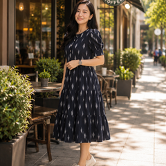 Black Ikat Rayon Dress with Square Neck & Half Sleeves