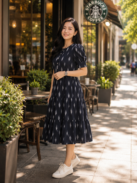 Black Ikat Rayon Dress with Square Neck & Half Sleeves