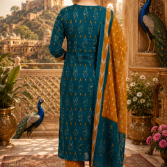 Green Floral Printed Cotton Kurta Pant & Dupatta Suit Set