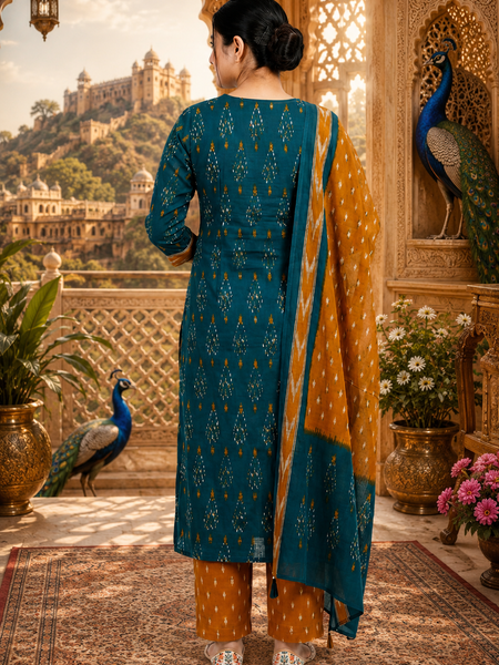 Green Floral Printed Cotton Kurta Pant & Dupatta Suit Set