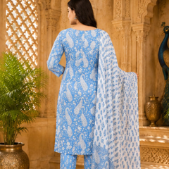 Sky Blue Printed Cotton Rayon Suit Set for Women