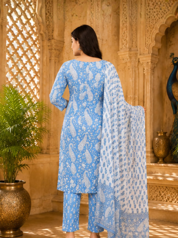 Sky Blue Printed Cotton Rayon Suit Set for Women
