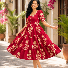 Elegant Red Ethnic Printed Rayon Dress for Women
