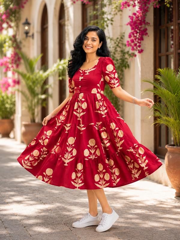 Elegant Red Ethnic Printed Rayon Dress for Women
