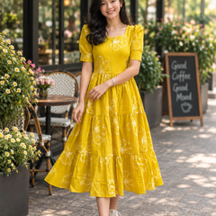 Elegant Yellow Floral Rayon Dress for Women
