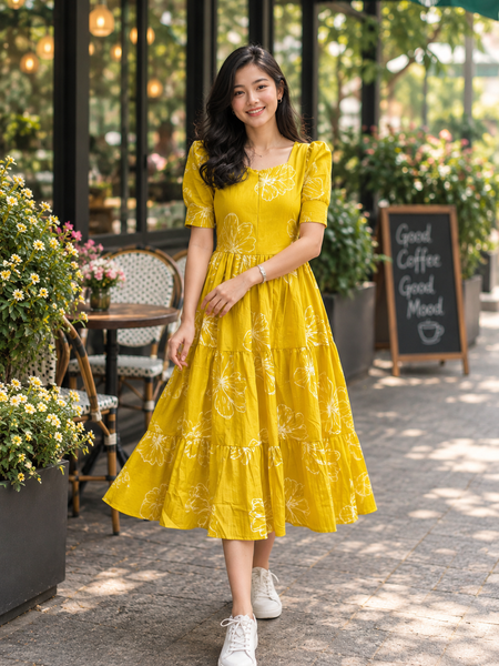 Elegant Yellow Floral Rayon Dress for Women