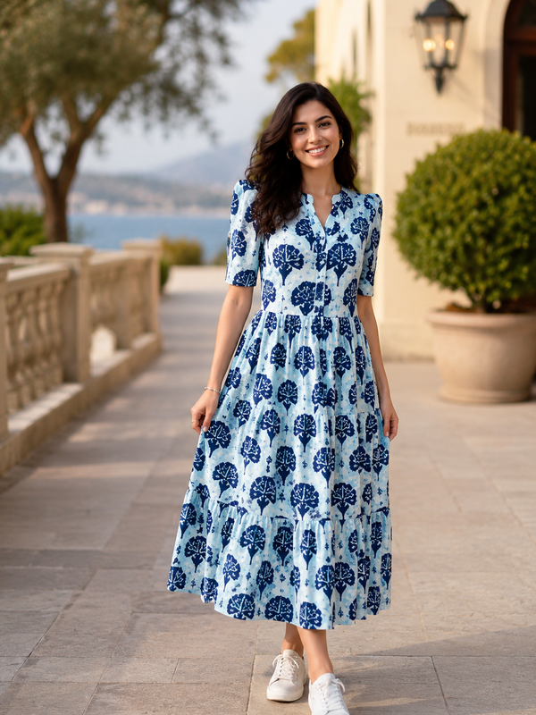 Elegant Sky Blue Rayon Dress with Half Sleeves