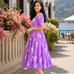 Elegant Purple Floral Rayon Dress for Women