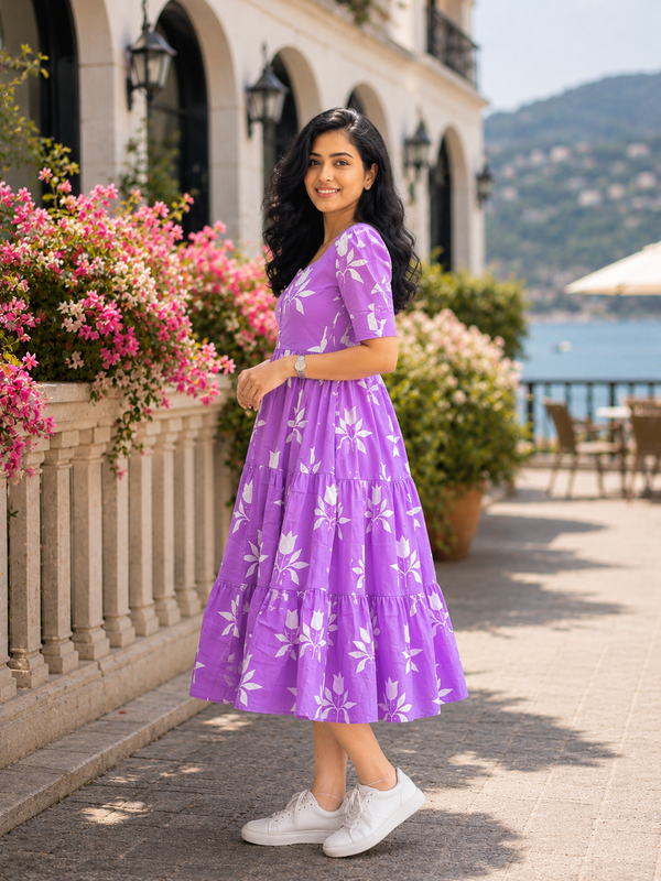 Elegant Purple Floral Rayon Dress for Women