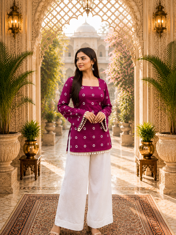 Pink Floral Cotton A-line Kurti for Women