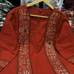 Women’s Rust Red Cotton Floral Embroidered Co-Ord Set with Pants