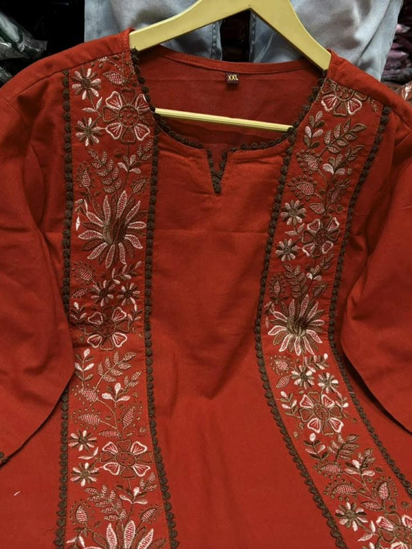 Women’s Rust Red Cotton Floral Embroidered Co-Ord Set with Pants