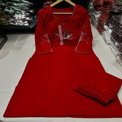 Red Floral Embroidered Cotton Kurta & Pant Set for Women
