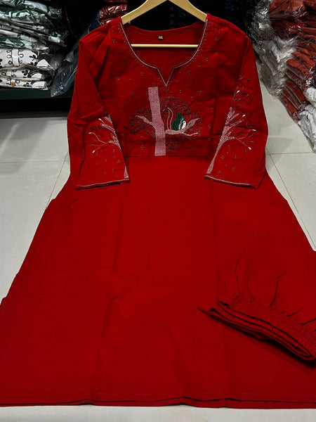 Red Floral Embroidered Cotton Kurta & Pant Set for Women