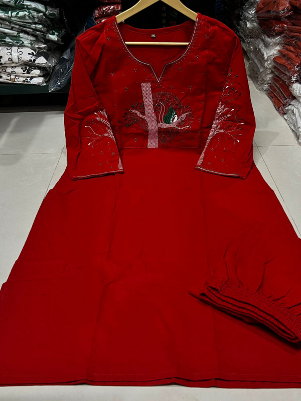 Red Floral Embroidered Cotton Kurta & Pant Set for Women