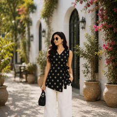 Women’s Black Rayon Floral Print Sleeveless Short Kurti