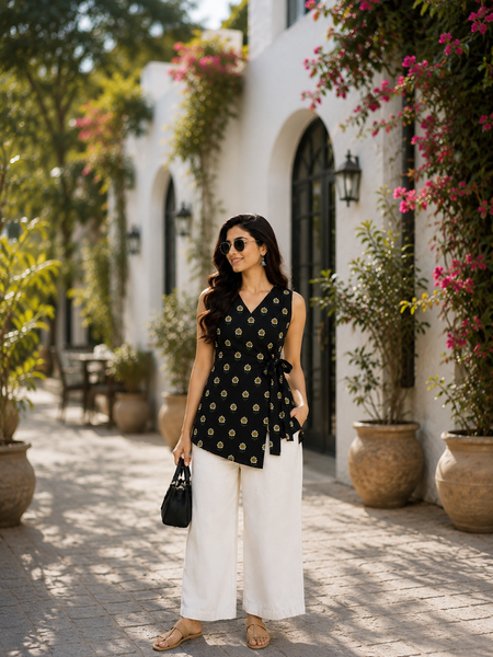 Women’s Black Rayon Floral Print Sleeveless Short Kurti