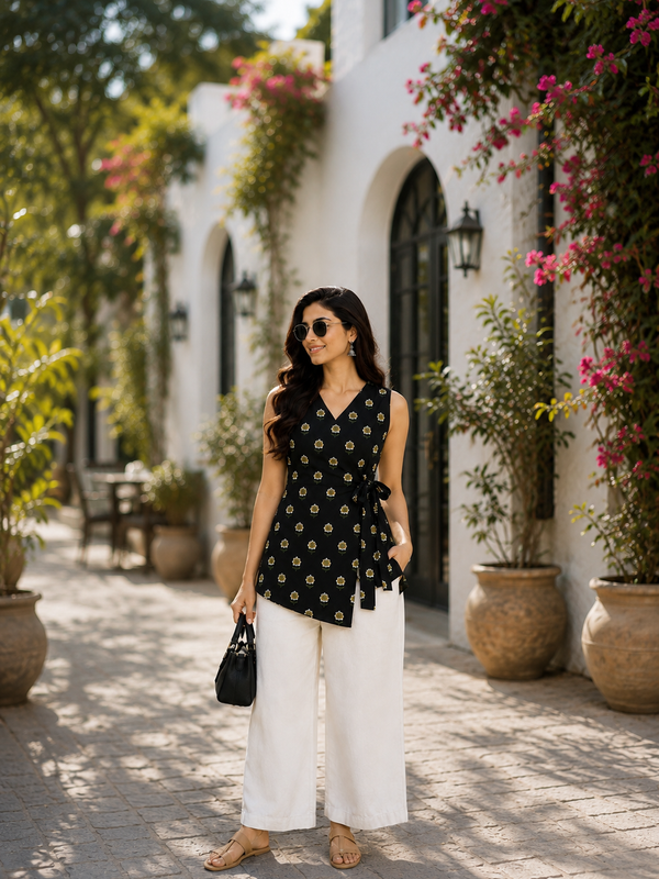 Women’s Black Rayon Floral Print Sleeveless Short Kurti