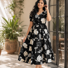 Elegant Black Floral Rayon Dress for Women