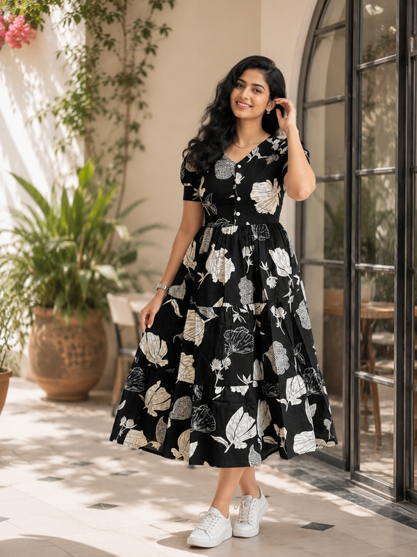 Elegant Black Floral Rayon Dress for Women