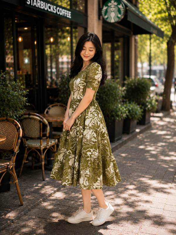Women’s Olive Green Floral Printed Rayon Dress