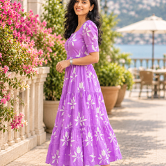 Elegant Purple Floral Rayon Dress for Women