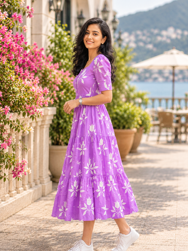 Elegant Purple Floral Rayon Dress for Women