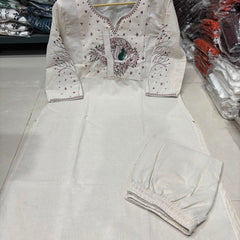 Beige Floral Embroidered Cotton Kurta & Pant Set for Women
