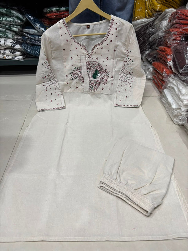Beige Floral Embroidered Cotton Kurta & Pant Set for Women