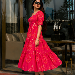 Pink Bandhani Print Rayon Midi Dress for Women