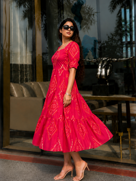 Pink Bandhani Print Rayon Midi Dress for Women