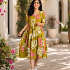Elegant Olive Green Floral Dress for Women
